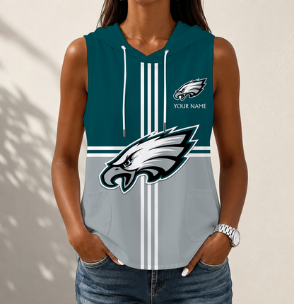 LIMITED EDITION - NEW CUSTOMIZED NFL02 PPE PHILADELPHIA EAGLES WOMEN'S SLEEVELESS HOODED POCKET TANK TOP