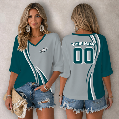 LIMITED EDITION - NEW CUSTOMIZED NFL02 PPE PHILADELPHIA EAGLES WOMEN'S HEART V-NECK LONG SLEEVE SHIRT