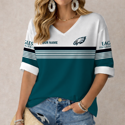 VIRAL EDITION - NEW CUSTOMIZED NFL02 PPE PHILADELPHIA EAGLES WOMEN'S HEART V-NECK LONG SLEEVE SHIRT
