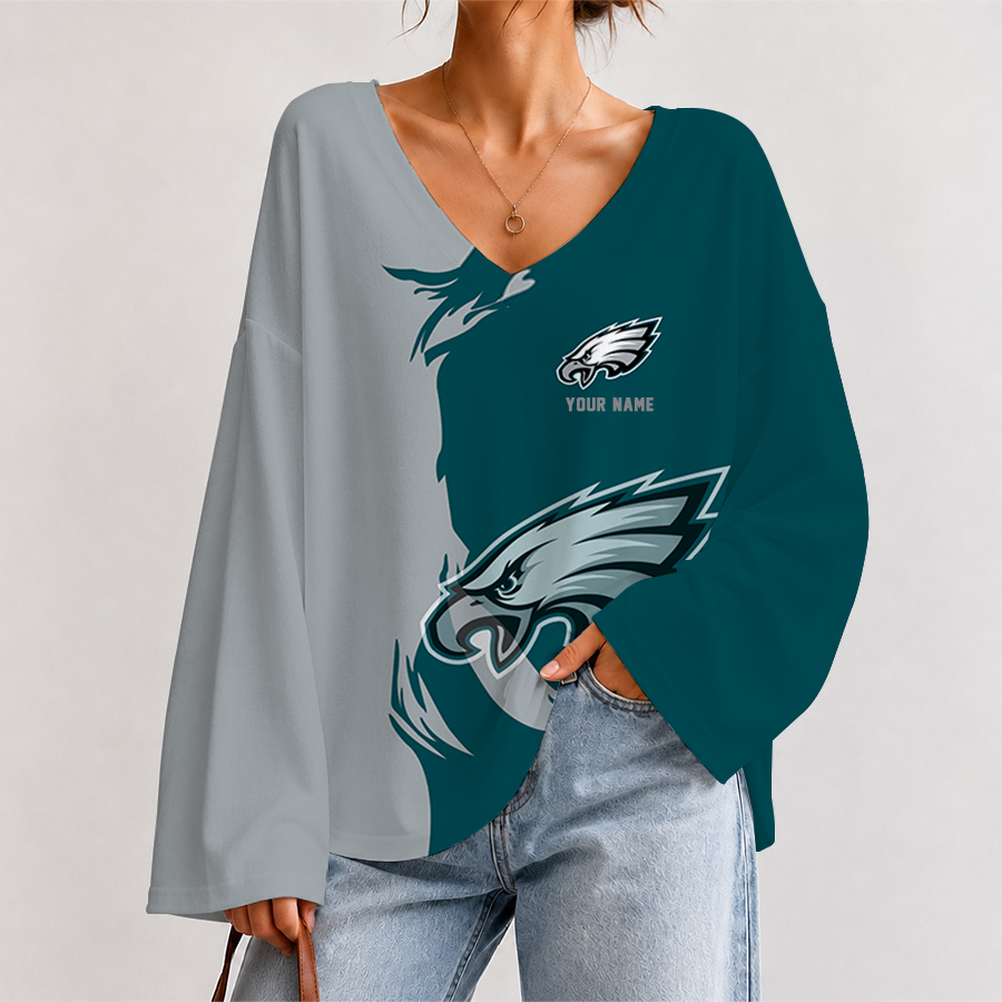 [SPECIAL OFFER] NEW CUSTOMIZED NFL02 PPE PHILADELPHIA EAGLES V NECK LONG SLEEVED CROP TOP