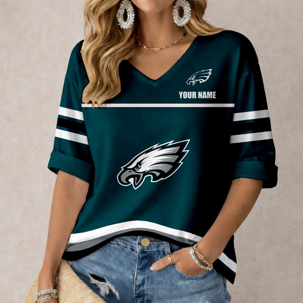LIMITED EDITION - NEW CUSTOMIZED NFL02 PPE PHILADELPHIA EAGLES WOMEN'S V-NECK MID-SLEEVE SHIRT