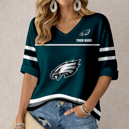 LIMITED EDITION - NEW CUSTOMIZED NFL02 PPE PHILADELPHIA EAGLES WOMEN'S V-NECK MID-SLEEVE SHIRT