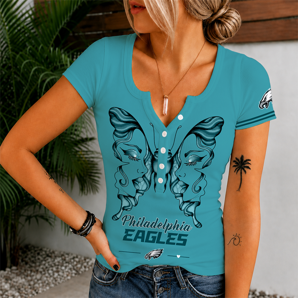 [SPECIAL OFFER] NEW CUSTOMIZED NFL02 PPE PHILADELPHIA EAGLES WOMEN'S SHORT SLEEVE HENLEY T-SHIRT