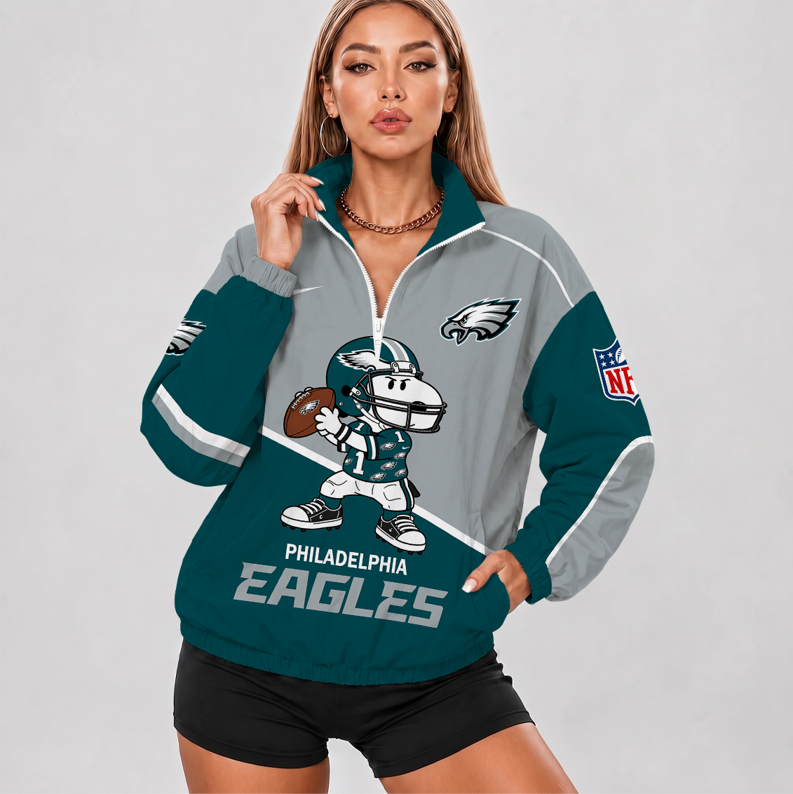 [SPECIAL OFFER] NEW CUSTOMIZED NFL02 PPE PHILADELPHIA EAGLES V-NECK ZIPPER SWEATSHIRT JACKET