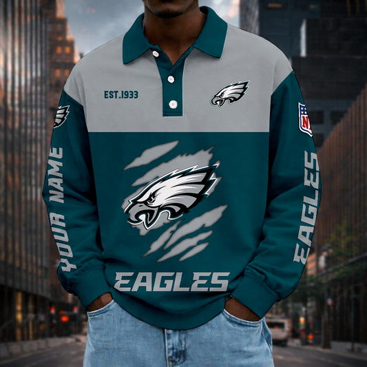 LIMITED EDITION - NEW CUSTOMIZED NFL02 PPE PHILADELPHIA EAGLES MEN LONG SLEEVE POLO