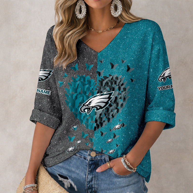 LIMITED EDITION - NEW CUSTOMIZED NFL02 PPE PHILADELPHIA EAGLES WOMEN'S HEART V-NECK LONG SLEEVE SHIRT