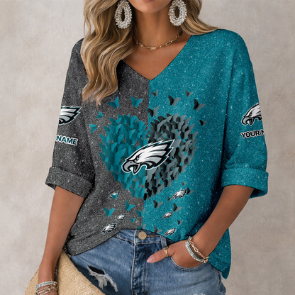 LIMITED EDITION - NEW CUSTOMIZED NFL02 PPE PHILADELPHIA EAGLES WOMEN'S HEART V-NECK LONG SLEEVE SHIRT