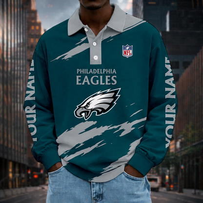 LIMITED EDITION - NEW CUSTOMIZED NFL02 PPE PHILADELPHIA EAGLES MEN LONG SLEEVE POLO