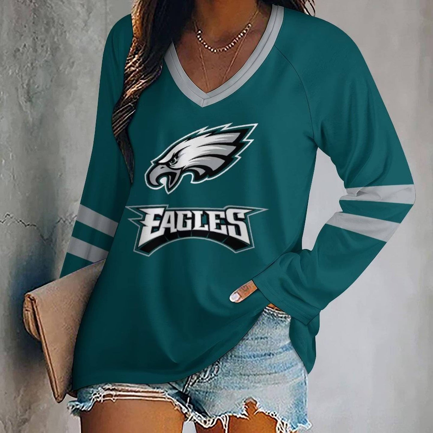 LIMITED EDITION - NEW CUSTOMIZED NFL02 PPE PHILADELPHIA EAGLES WOMEN'S V-NECK LONG SLEEVED SHIRT