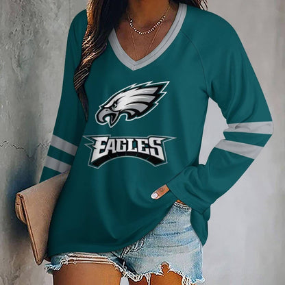 LIMITED EDITION - NEW CUSTOMIZED NFL02 PPE PHILADELPHIA EAGLES WOMEN'S V-NECK LONG SLEEVED SHIRT