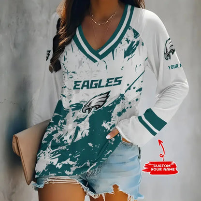 [SPECIAL OFFER] NEW CUSTOMIZED NFL02 PPE PHILADELPHIA EAGLES WOMEN'S V-NECK LONG SLEEVED SHIRT