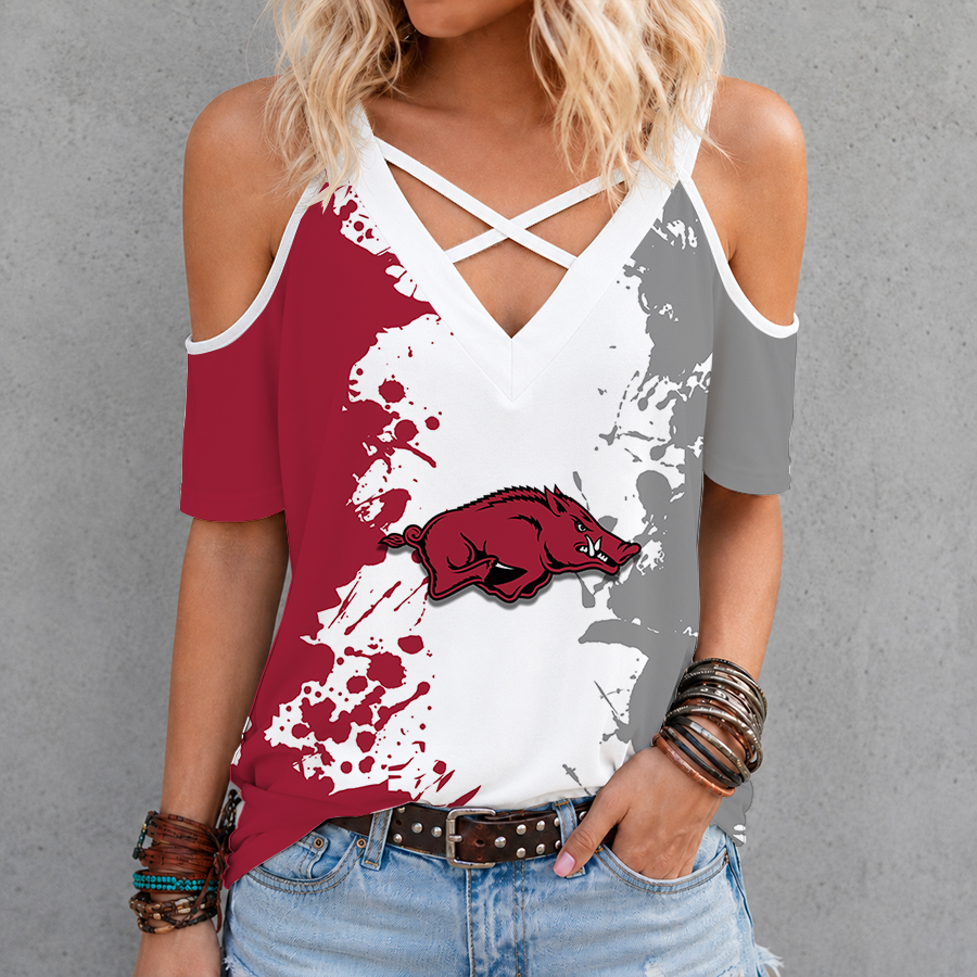 [FAN FAVORITE] NEW CUSTOMIZED NCAA CWS03 AKR ARKANSAS RAZORBACKS CRISS CROSS V-NECK TOP