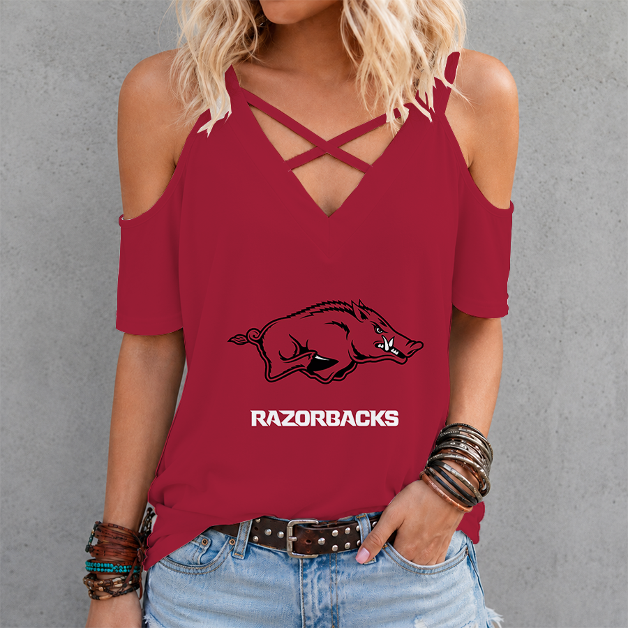 [FAN FAVORITE] NEW CUSTOMIZED NCAA CWS03 AKR ARKANSAS RAZORBACKS CRISS CROSS V-NECK TOP