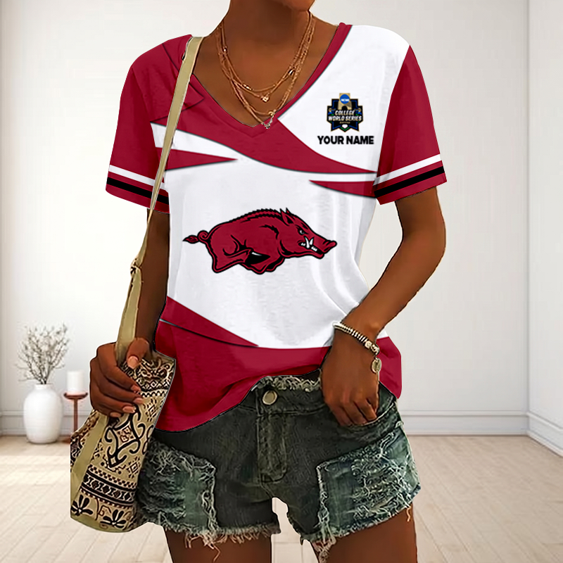 LIMITED DROP - NEW CUSTOMIZED | NCAA CWS03 AKR AK RAZORBACKS V-NECK FEMALE SHIRT