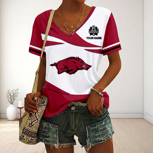 LIMITED DROP - NEW CUSTOMIZED | NCAA CWS03 AKR AK RAZORBACKS V-NECK FEMALE SHIRT