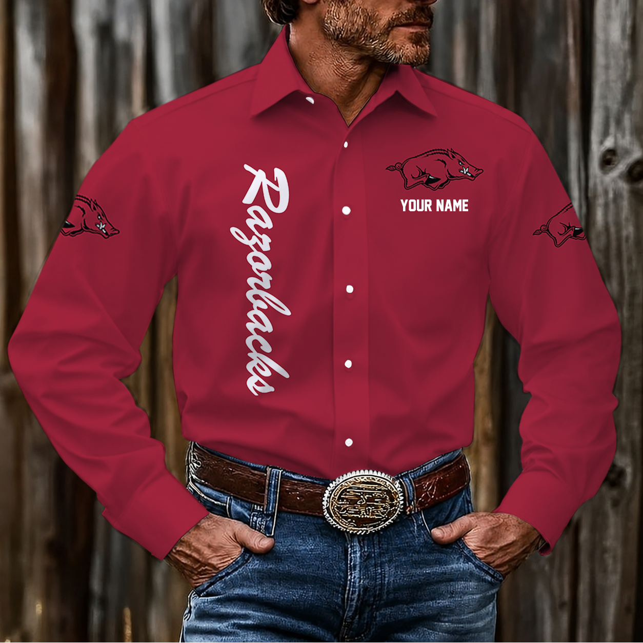 LIMITED EDITION - NEW CUSTOMIZED NCAA CWS03 AKR ARKANSAS RAZORBACKS MEN'S LONG SLEEVE BUTTON-UP SHIRT