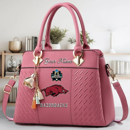 LIMITED EDITION - NEW CUSTOMIZED NCAA CWS03 AKR ARKANSAS RAZORBACKS ZIP HANDBAG MULTICOLOR
