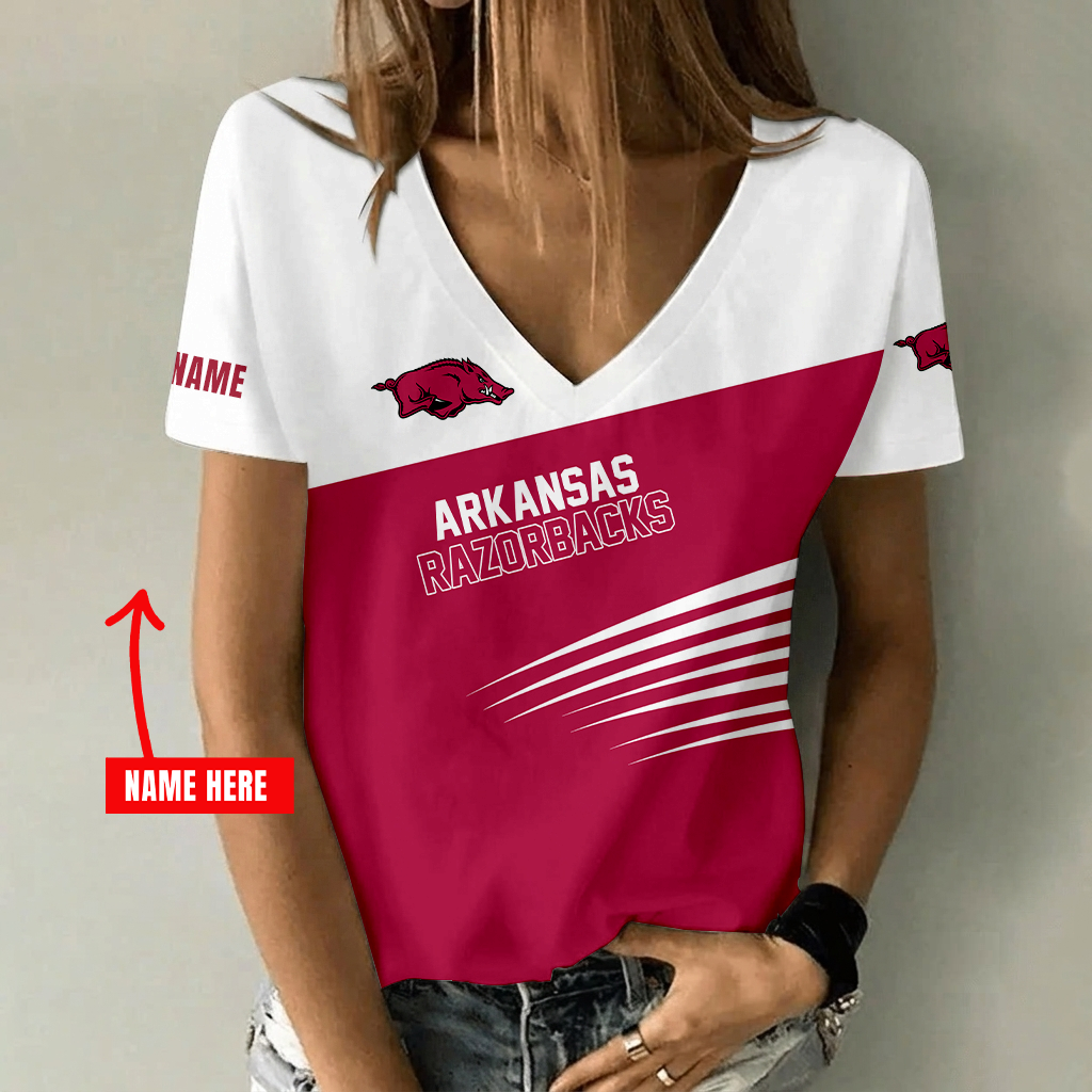 [FAN FAVORITE] NEW CUSTOMIZED NCAA CWS03 AKR ARKANSAS RAZORBACKS V-NECK FEMALE SHIRT