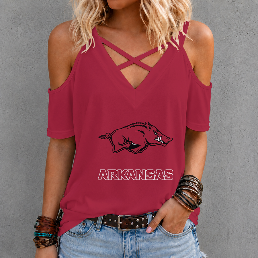 [FAN FAVORITE] NEW CUSTOMIZED NCAA CWS03 AKR ARKANSAS RAZORBACKS CRISS CROSS V-NECK TOP