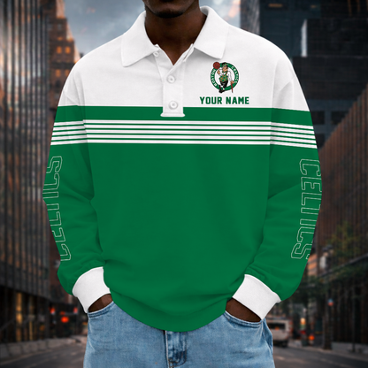 ELITE EDITION - NEW CUSTOMIZED NBA03 BCE BOSTON CELTICS MEN LONG SLEEVE POLO