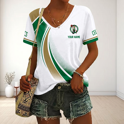 FINAL SALE - NEW CUSTOMIZED NBA03 BCE BOSTON CELTICS V-NECK FEMALE SHIRT