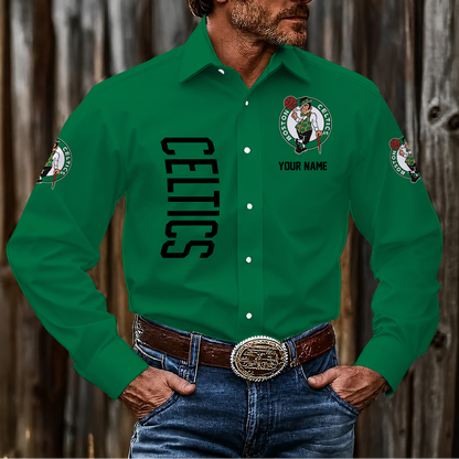 LIMITED EDITION - NEW CUSTOMIZED NBA03 BCE BOSTON CELTICS MEN'S LONG SLEEVE BUTTON-UP SHIRT