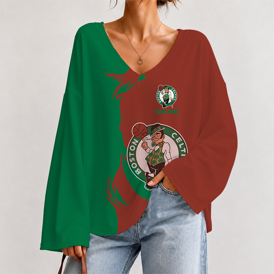 [HOT DEAL] NEW CUSTOMIZED NBA03 BCE BOSTON CELTICS V-NECK LONG SLEEVED CROP TOP
