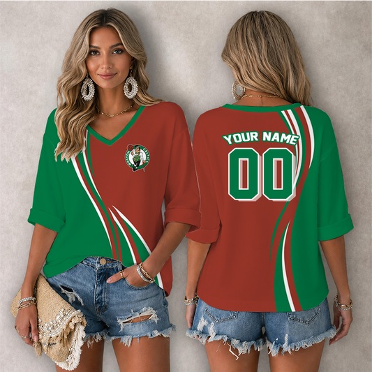 LIMITED EDITION - NEW CUSTOMIZED NBA03 BCE BOSTON CELTICS WOMEN'S HEART V-NECK LONG SLEEVE SHIRT