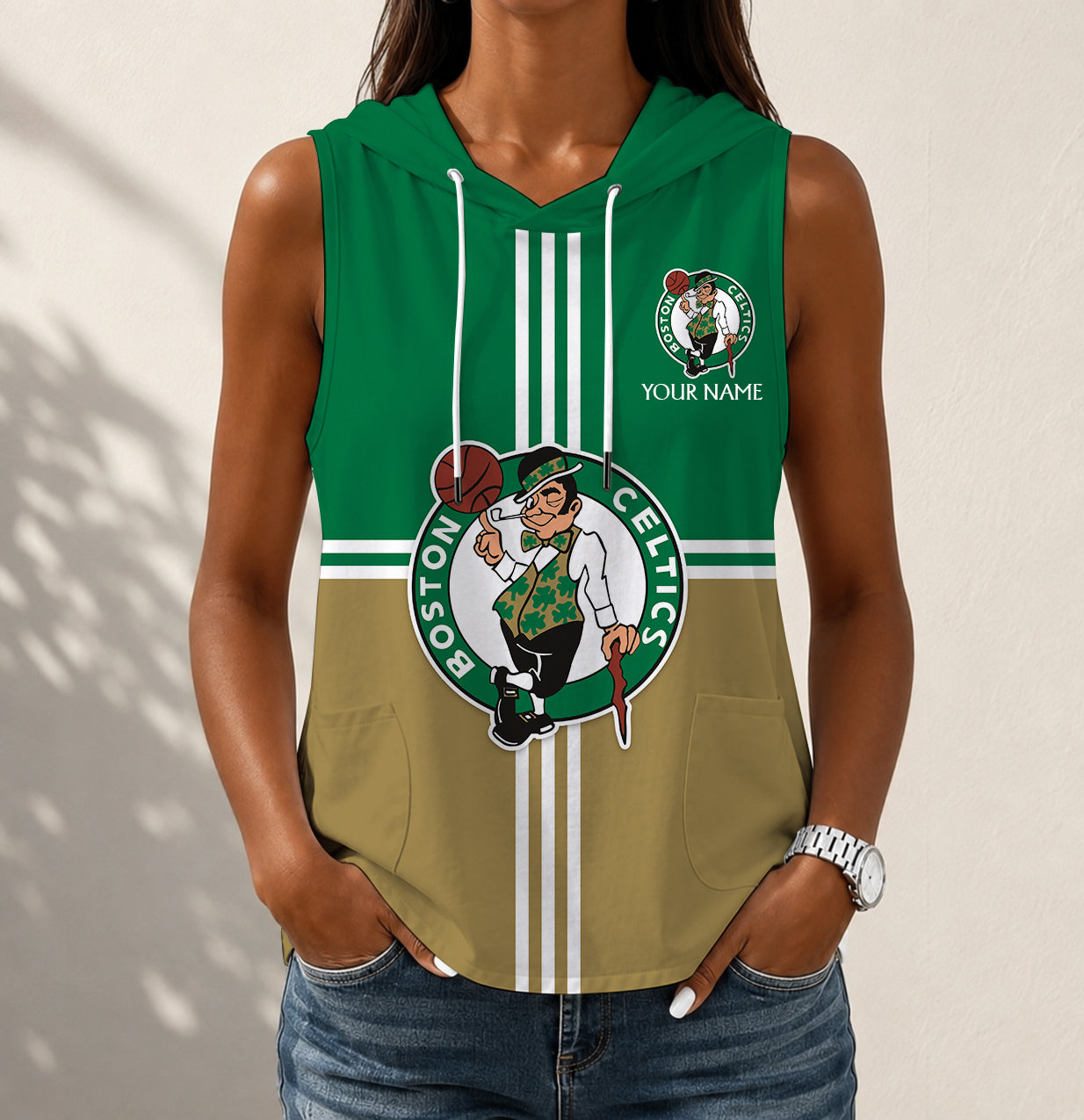 LIMITED EDITION - NEW CUSTOMIZED NBA03 BCE BOSTON CELTICS WOMEN'S SLEEVELESS HOODED POCKET TANK TOP