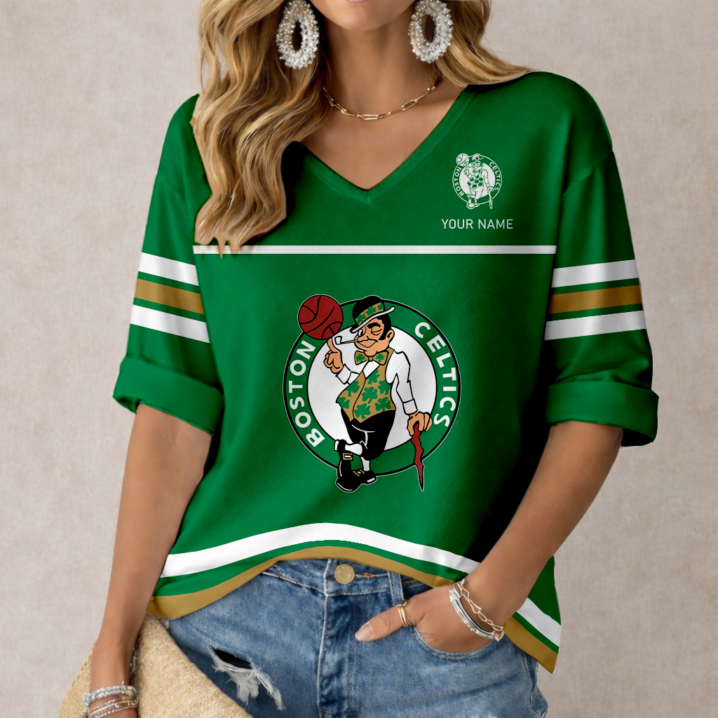 LIMITED EDITION - NEW CUSTOMIZED NBA03 BCE BOSTON CELTICS WOMEN'S HEART V-NECK LONG SLEEVE SHIRT