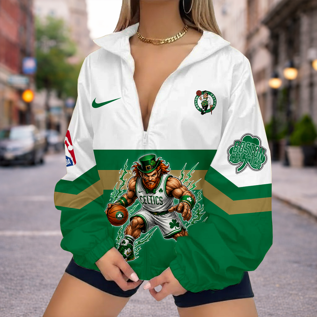 VIRAL EDITION - NEW CUSTOMIZED NBA03 BCE BOSTON CELTICS V-NECK ZIPPER SWEATSHIRT JACKET