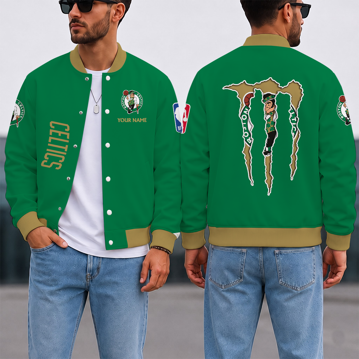 LIMITED EDITION - NEW CUSTOMIZED NBA03 BCE BOSTON CELTICS BASEBALL JACKET, SATIN VARSITY JACKET