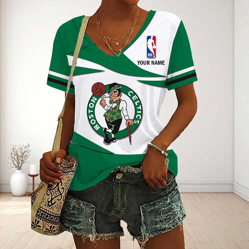 LIMITED EDITION - NEW CUSTOMIZED NBA03 BCE BOSTON CELTICS V-NECK FEMALE SHIRT