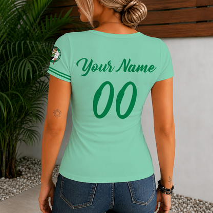[HOT DEAL] NEW CUSTOMIZED NBA03 BCE BOSTON CELTICS  WOMEN'S SHORT SLEEVE HENLEY T-SHIRT