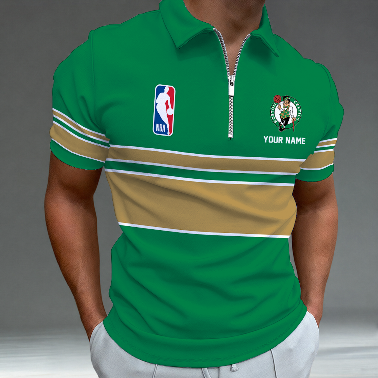 [HOT DEAL] NEW CUSTOMIZED NBA03 BCE BOSTON CELTICS ZIP POLO SHIRT