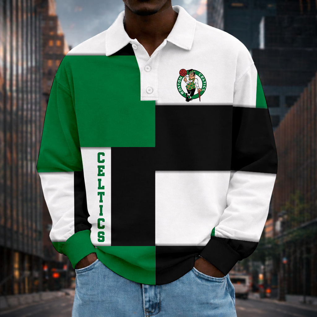LIMITED EDITION - NEW CUSTOMIZED NBA03 BCE BOSTON CELTICS MEN LONG SLEEVE POLO
