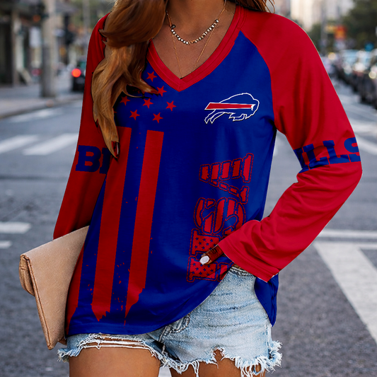 LIMITED EDITION - NEW CUSTOMIZED NFL03 BFB BUFFALO BILLS WOMEN'S V-NECK LONG SLEEVED SHIRT