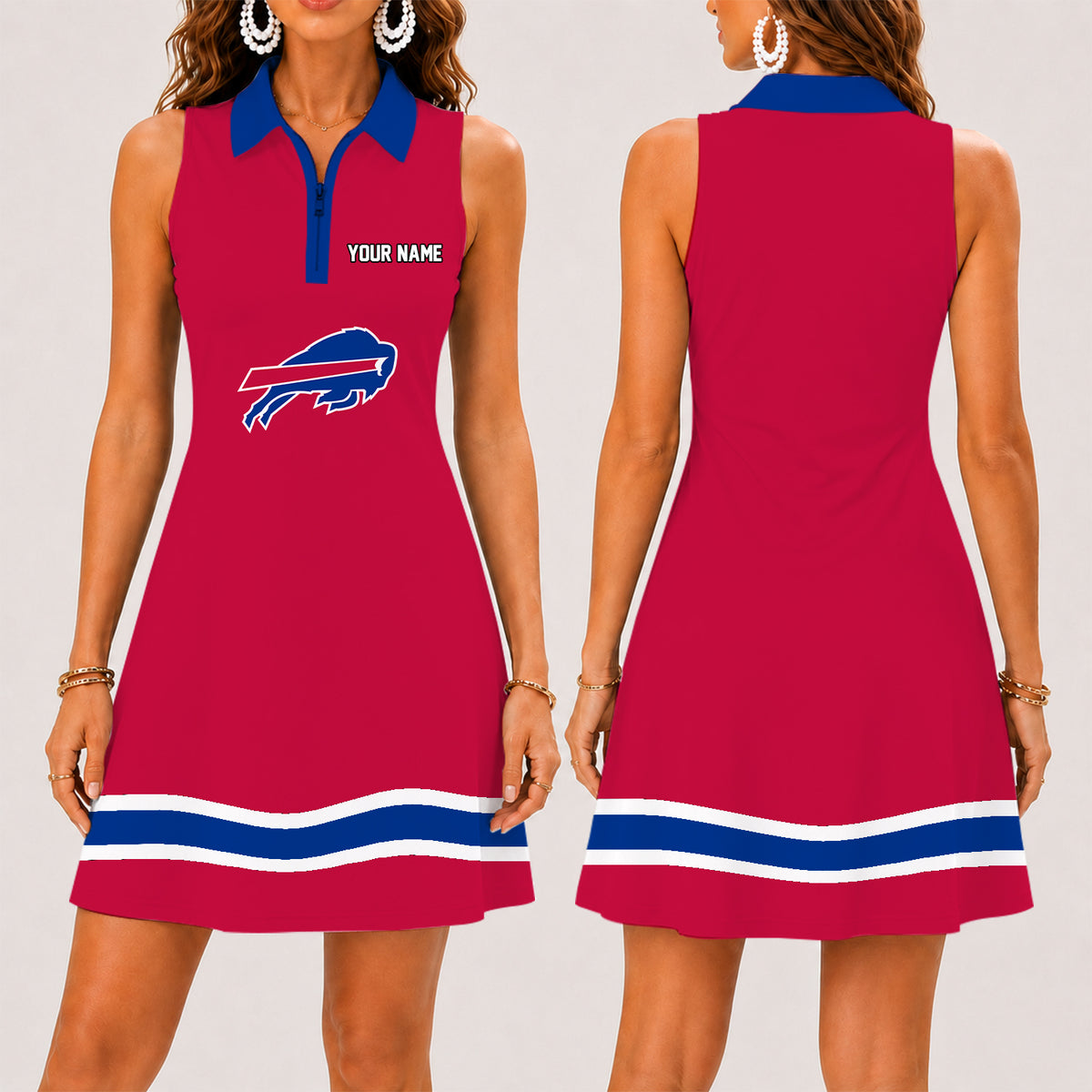 [SPECIAL OFFER] NEW CUSTOMIZED NFL03 BFB BUFFALO BILLS WOMEN'S ZIP SLEEVELESS POLO DRESS