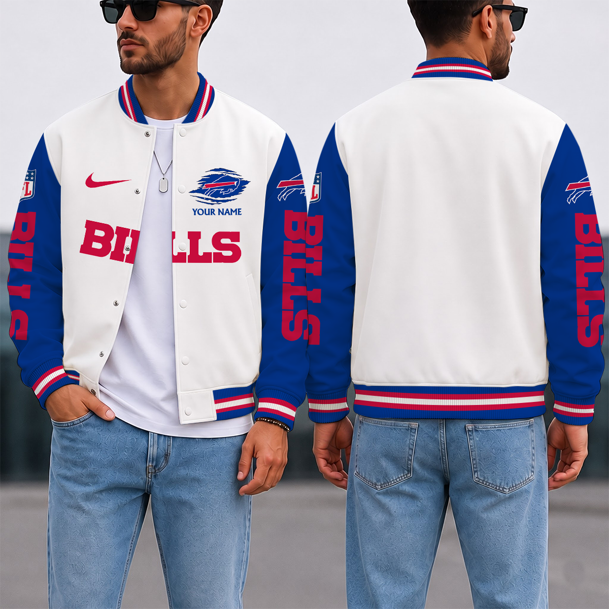 ELITE EDITION - NEW CUSTOMIZED NFL03 BFB BUFFALO BILLS SATIN VARSITY & BASEBALL JACKET