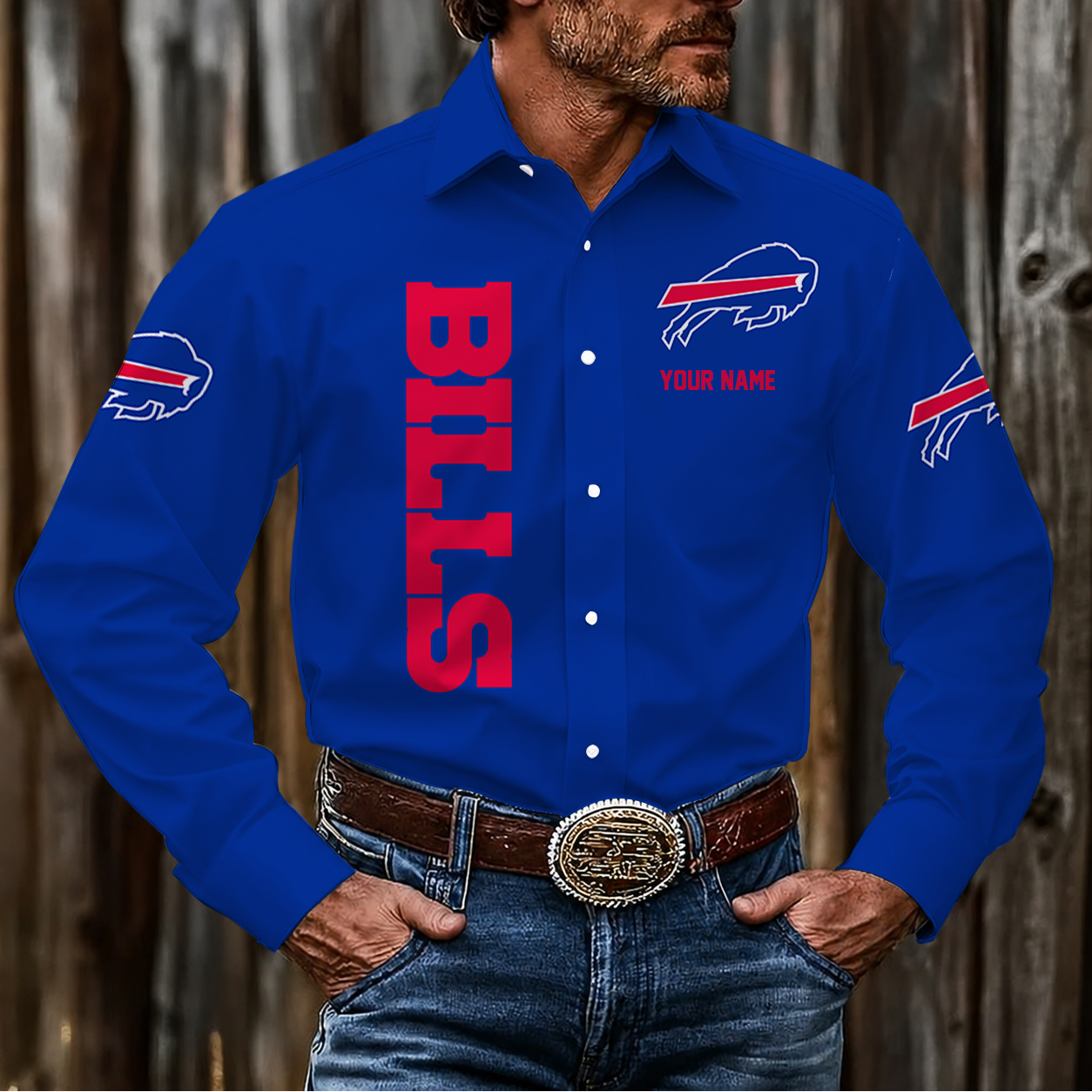 LIMITED EDITION - NEW CUSTOMIZED NFL03 BFB BUFFALO BILLS MEN'S LONG SLEEVE BUTTON-UP SHIRT