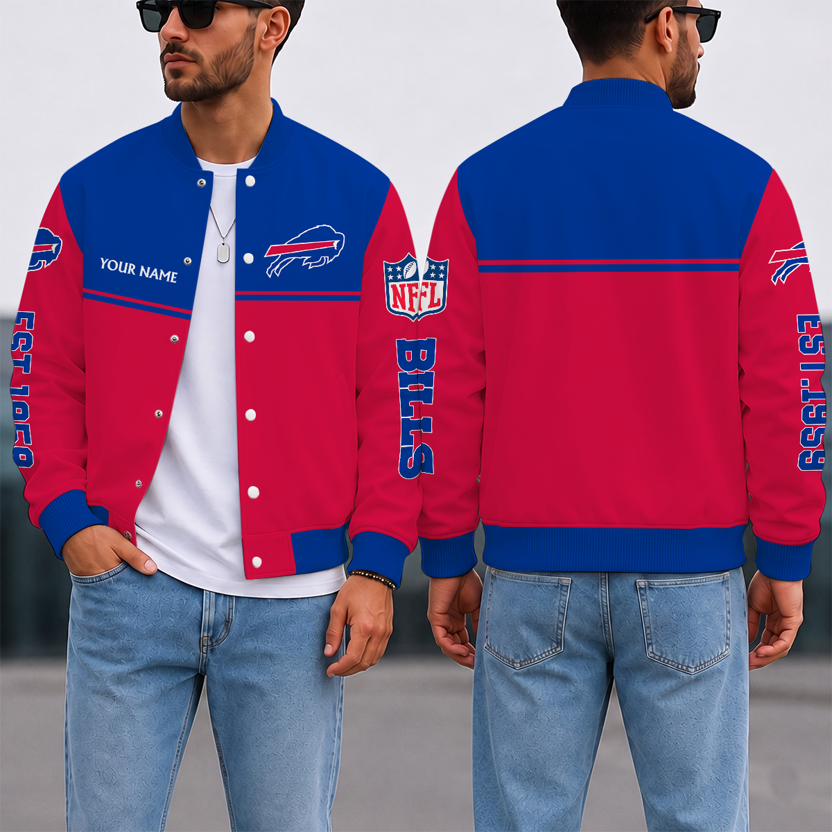 LIMITED EDITION - NEW CUSTOMIZED NFL03 BFB BUFFALO BILLS SATIN VARSITY & BASEBALL JACKET