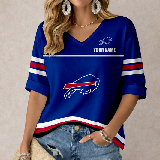 LIMITED EDITION - NEW CUSTOMIZED NFL03 BFB BUFFALO BILLS WOMEN'S V-NECK MID-SLEEVE SHIRT