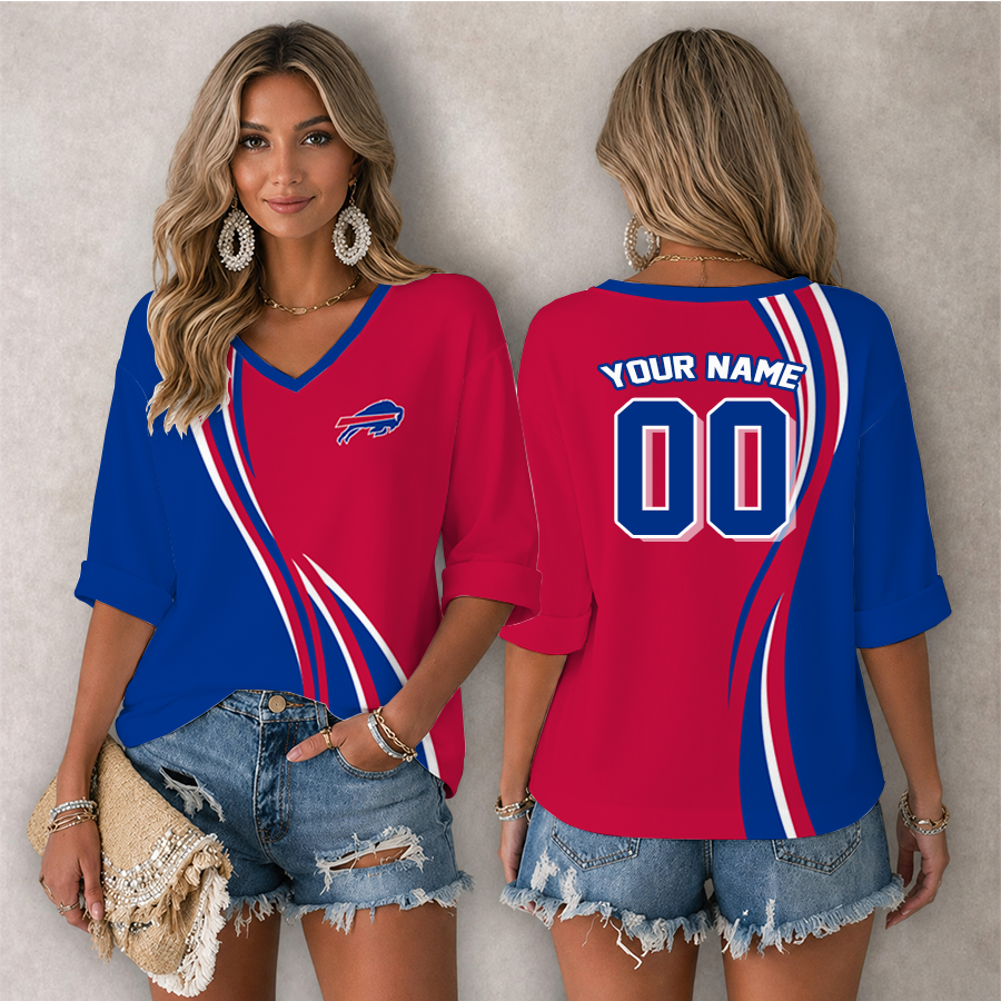 LIMITED EDITION - NEW CUSTOMIZED NFL03 BFB BUFFALO BILLS WOMEN'S HEART V-NECK LONG SLEEVE SHIRT