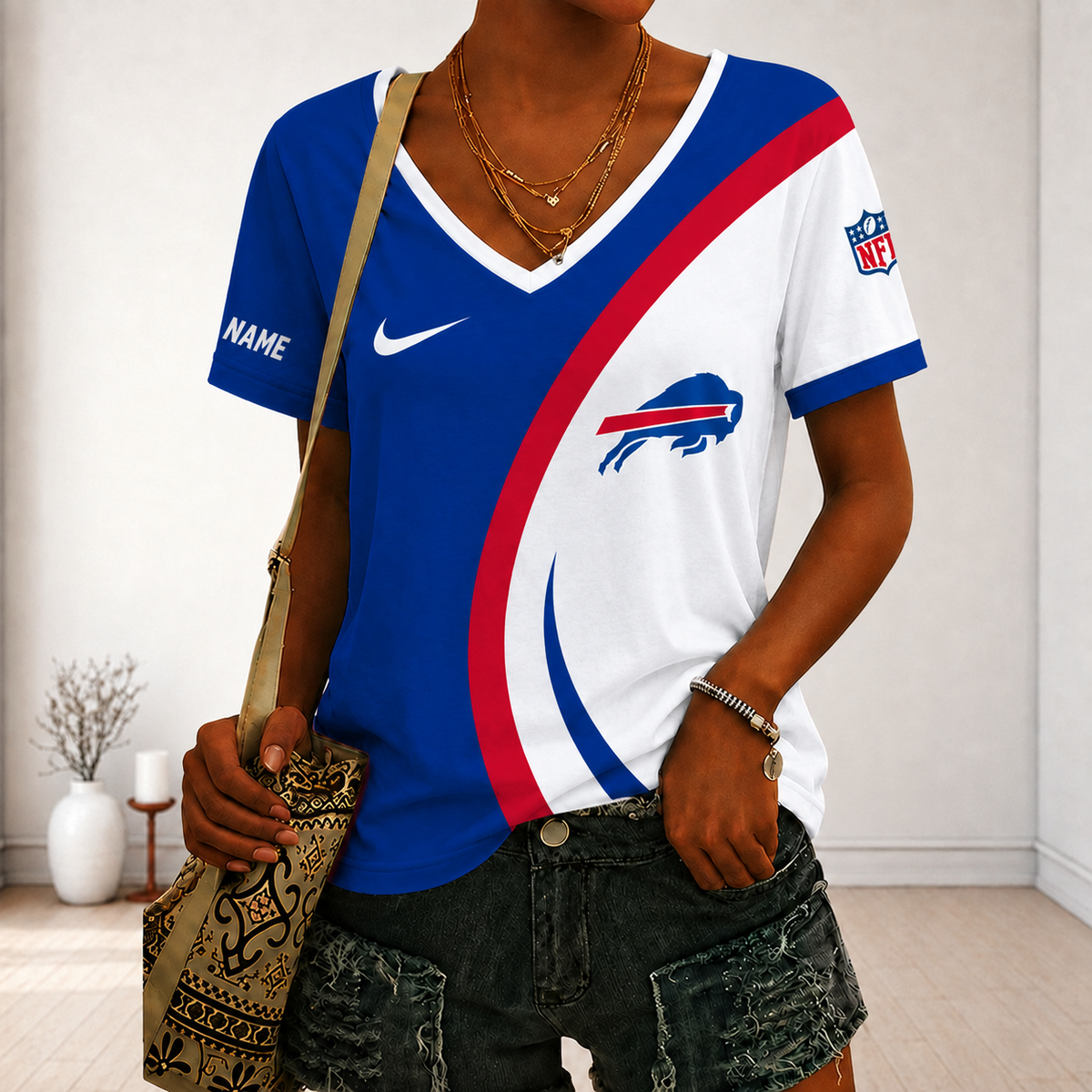 LIMITED EDITION - NEW CUSTOMIZED NFL03 BFB BUFFALO BILLS V-NECK FEMALE SHIRT