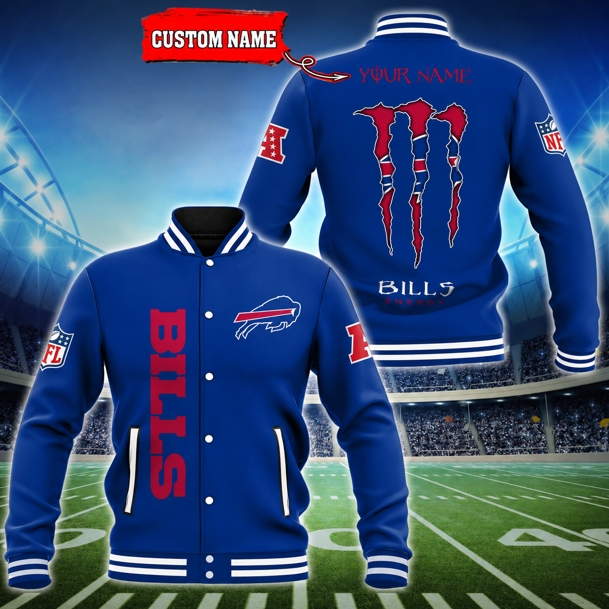 LIMITED EDITION - NEW CUSTOMIZED NFL03 BFB BUFFALO BILLS SATIN VARSITY & BASEBALL JACKET