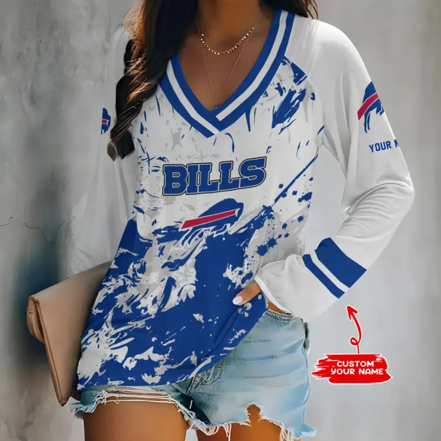 [SPECIAL OFFER] NEW CUSTOMIZED NFL03 BFB BUFFALO BILLS WOMEN'S V-NECK LONG SLEEVED SHIRT
