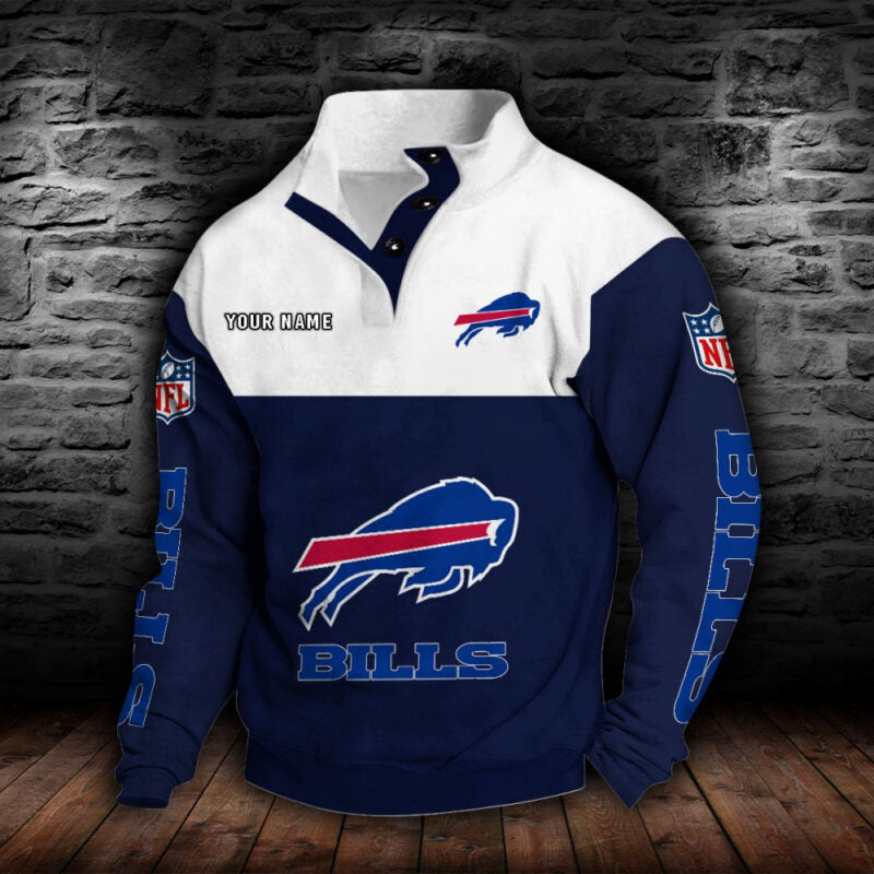 LIMITED EDITION - NEW CUSTOMIZED NFL03 BFB BUFFALO BILLS QUARTER-BUTTON STAND-COLLAR SWEATSHIRT