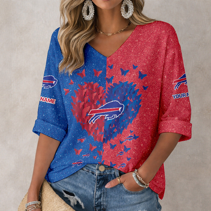LIMITED EDITION - NEW CUSTOMIZED NFL03 BFB BUFFALO BILLS WOMEN'S HEART V-NECK LONG SLEEVE SHIRT