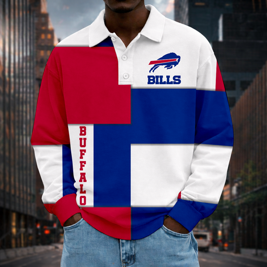 LIMITED EDITION - NEW CUSTOMIZED NFL03 BFB BUFFALO BILLS MEN LONG SLEEVE POLO