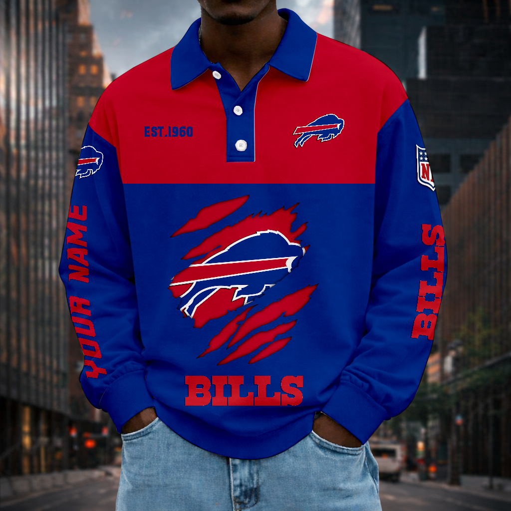 LIMITED EDITION - NEW CUSTOMIZED NFL03 BFB BUFFALO BILLS MEN LONG SLEEVE POLO